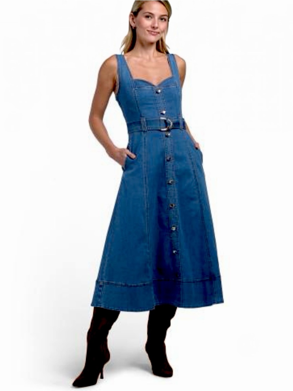 Jason Wu Women’s Blue Denim Button-Down A-line Midi Dress with Pockets Size 4